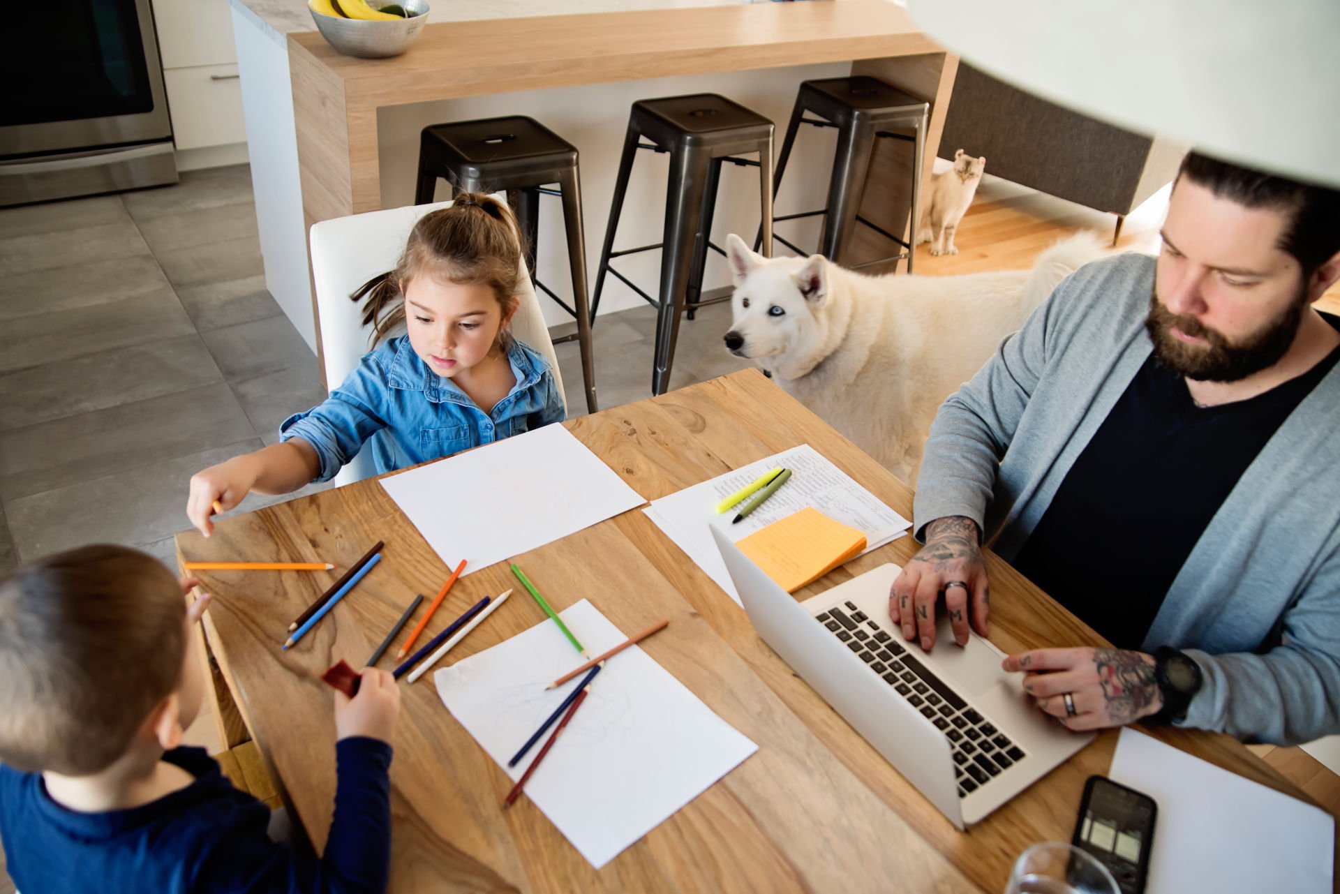 working-from-home-kids-man-dog-cat-kitchen